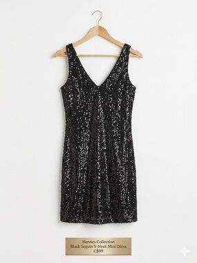 NWT H&M Hennes Collection Black Sequin V-Neck Mini Dress - Size XS